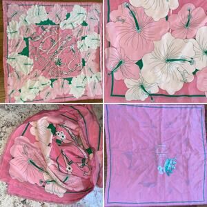 Juicy Couture Pink Art Deco Hibiscus Pink Green Silk Reversible Scarf